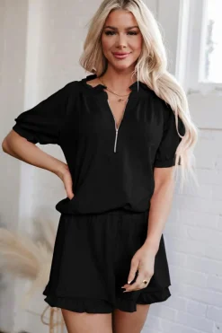 Best Dear-Lover Half Zip Puff Sleeve Top and Ruffled Shorts Set Black