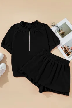 Best Dear-Lover Half Zip Puff Sleeve Top and Ruffled Shorts Set Black