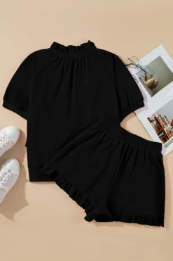 Best Dear-Lover Half Zip Puff Sleeve Top and Ruffled Shorts Set Black