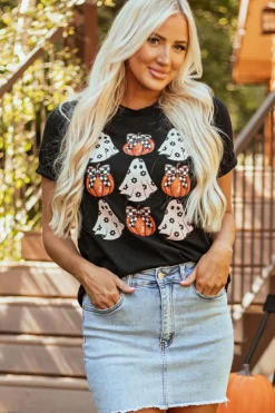 Discount Dear-Lover Halloween Ghost Pumpkin Print Crew Neck T Shirt Black