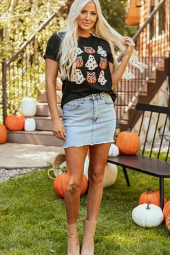 Discount Dear-Lover Halloween Ghost Pumpkin Print Crew Neck T Shirt Black