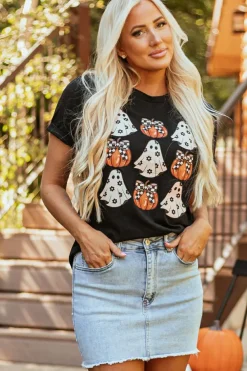 Discount Dear-Lover Halloween Ghost Pumpkin Print Crew Neck T Shirt Black