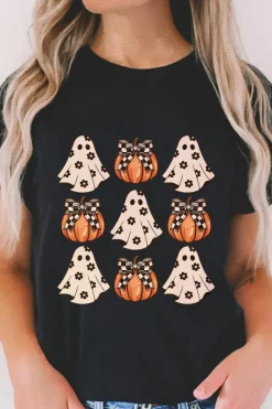 Discount Dear-Lover Halloween Ghost Pumpkin Print Crew Neck T Shirt Black