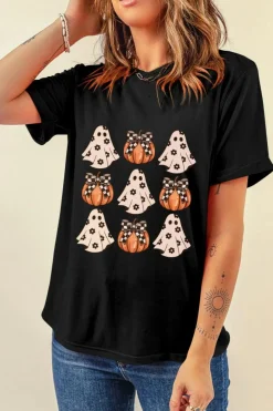 Discount Dear-Lover Halloween Ghost Pumpkin Print Crew Neck T Shirt Black