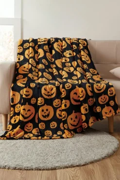 Outlet Dear-Lover Halloween Pumpkin Face Print Fleece Blanket 130*150cm Black