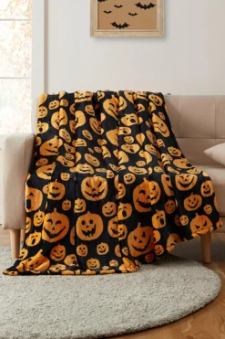 Outlet Dear-Lover Halloween Pumpkin Face Print Fleece Blanket 130*150cm Black