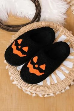 Sale Dear-Lover Halloween Pumpkin Face Graphic Plush Slippers Black