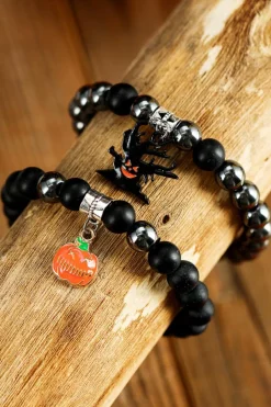 Online Dear-Lover Halloween Pumpkin Ghost Pendant Beaded Layered Bracelet Set Black
