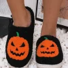 Best Dear-Lover Halloween Pumpkin Print Plush Slippers Black