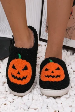 Best Dear-Lover Halloween Pumpkin Print Plush Slippers Black
