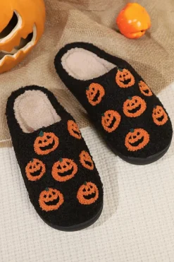 Online Dear-Lover Halloween Pumpkin Plush Home Slippers Black