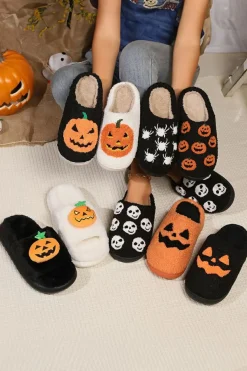 Best Dear-Lover Halloween Pumpkin Print Plush Slippers Black