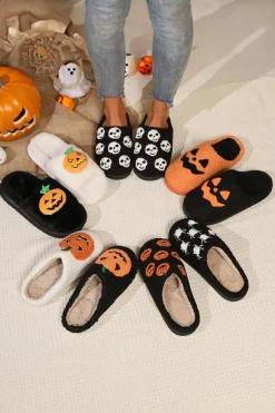 Best Dear-Lover Halloween Pumpkin Print Plush Slippers Black