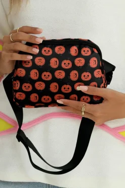 Best Dear-Lover Halloween Pumpkin Print Buckle Strap Square Crossbody Bag Black