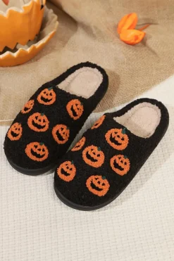Online Dear-Lover Halloween Pumpkin Plush Home Slippers Black