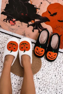 Best Dear-Lover Halloween Pumpkin Print Plush Slippers Black