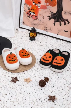 Best Dear-Lover Halloween Pumpkin Print Plush Slippers Black