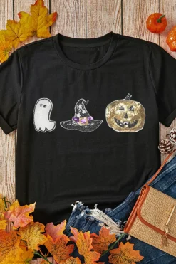 Online Dear-Lover Halloween Sequin Pattern Patched Crewneck Tee Black