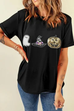 Online Dear-Lover Halloween Sequin Pattern Patched Crewneck Tee Black