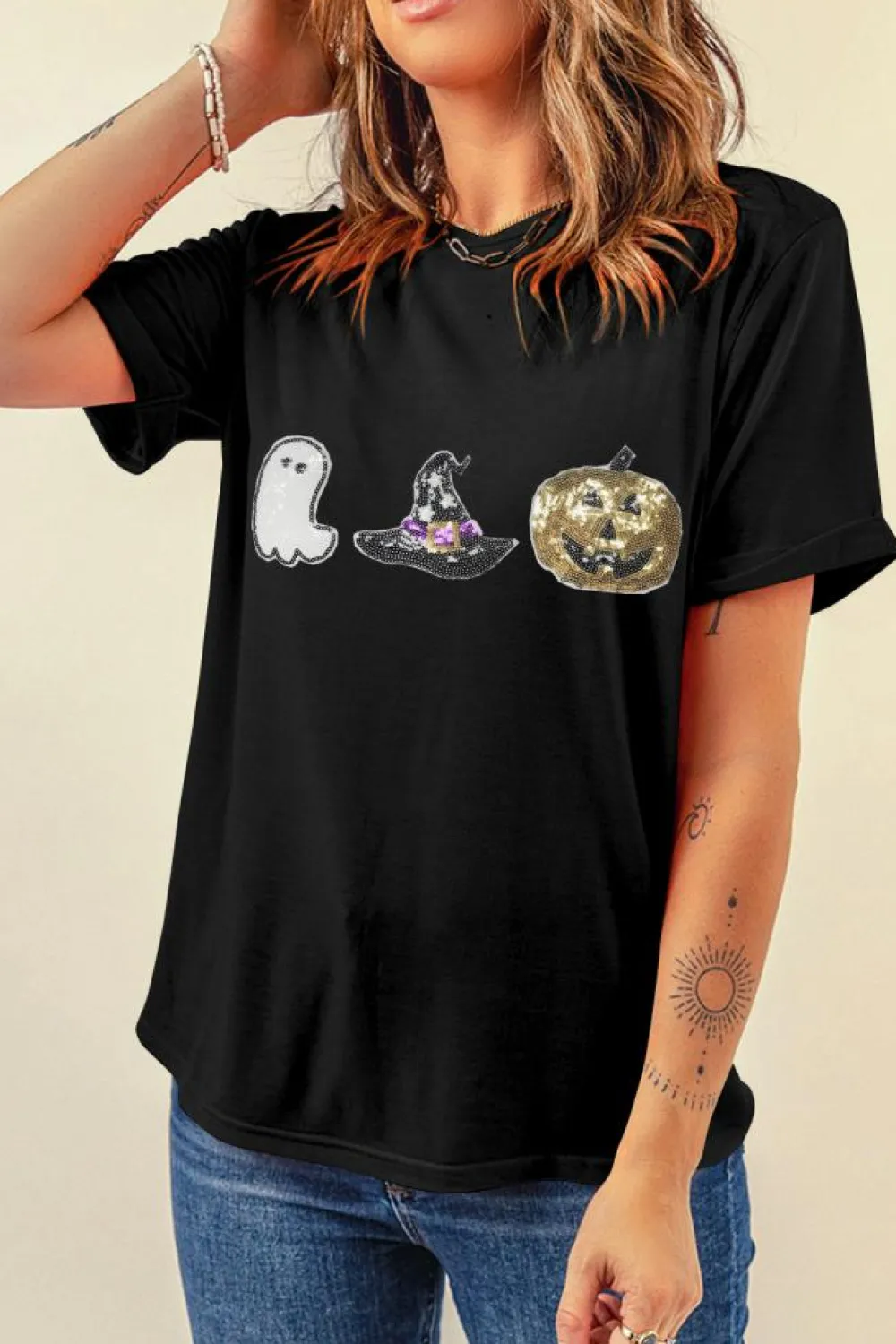 Online Dear-Lover Halloween Sequin Pattern Patched Crewneck Tee Black