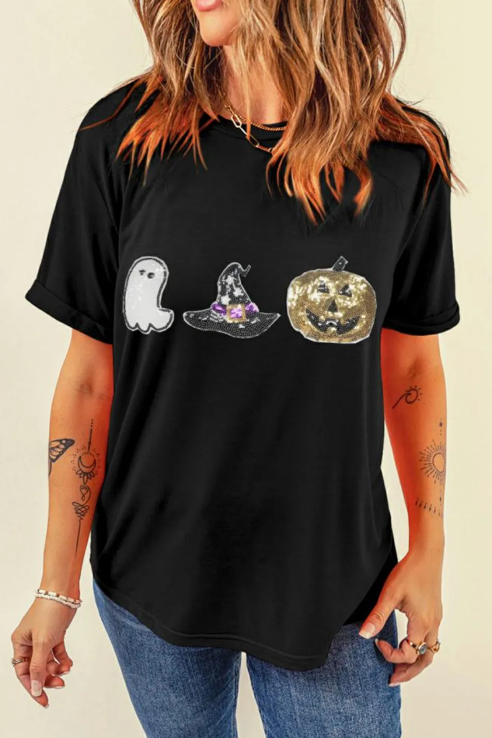 Online Dear-Lover Halloween Sequin Pattern Patched Crewneck Tee Black
