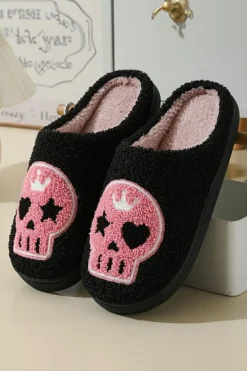 Outlet Dear-Lover Halloween Skull Printed Plush Winter Home Slippers Black