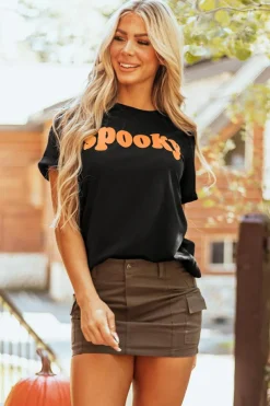 New Dear-Lover Halloween Spooky Crew Neck Casual Graphic Tee Black