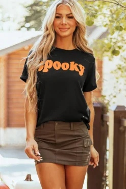 New Dear-Lover Halloween Spooky Crew Neck Casual Graphic Tee Black