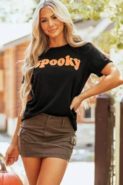 New Dear-Lover Halloween Spooky Crew Neck Casual Graphic Tee Black