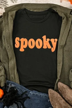 New Dear-Lover Halloween Spooky Crew Neck Casual Graphic Tee Black