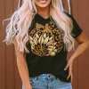 Clearance Dear-Lover Halloween Sunflower Pumpkin Graphic Tee Black