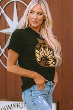 Clearance Dear-Lover Halloween Sunflower Pumpkin Graphic Tee Black