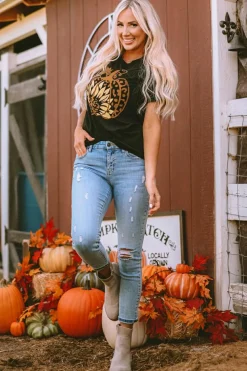 Clearance Dear-Lover Halloween Sunflower Pumpkin Graphic Tee Black