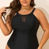 Outlet Dear-Lover Halter Mesh Insert Knotted Back One Piece Plus Size Swimsuit Black