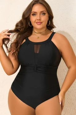 Outlet Dear-Lover Halter Mesh Insert Knotted Back One Piece Plus Size Swimsuit Black