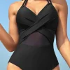 New Dear-Lover Halter Mesh Insert Cross Front One-Piece Swimsuit Black
