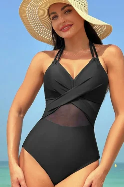 New Dear-Lover Halter Mesh Insert Cross Front One-Piece Swimsuit Black
