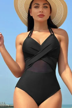 New Dear-Lover Halter Mesh Insert Cross Front One-Piece Swimsuit Black