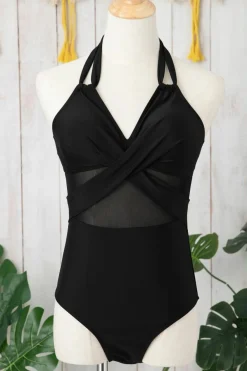 New Dear-Lover Halter Mesh Insert Cross Front One-Piece Swimsuit Black