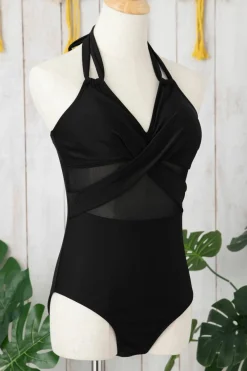 New Dear-Lover Halter Mesh Insert Cross Front One-Piece Swimsuit Black