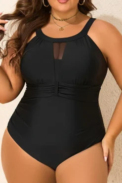 Outlet Dear-Lover Halter Mesh Insert Knotted Back One Piece Plus Size Swimsuit Black