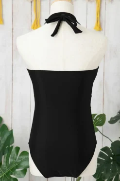 New Dear-Lover Halter Mesh Insert Cross Front One-Piece Swimsuit Black