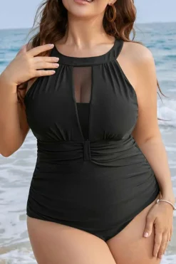 Outlet Dear-Lover Halter Mesh Insert Knotted Back One Piece Plus Size Swimsuit Black
