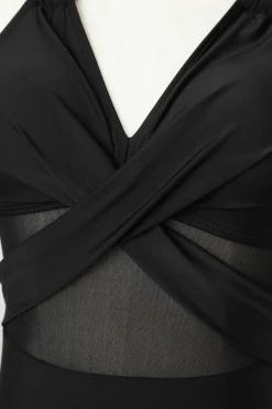 New Dear-Lover Halter Mesh Insert Cross Front One-Piece Swimsuit Black
