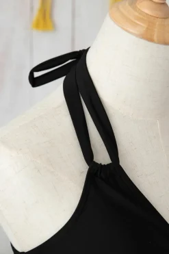 New Dear-Lover Halter Mesh Insert Cross Front One-Piece Swimsuit Black