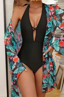 New Dear-Lover Halter Neck Monokini with Floral Beach Cover Up Black