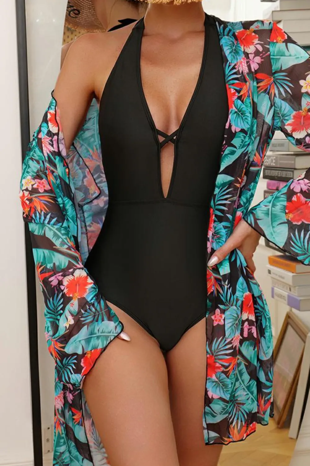 New Dear-Lover Halter Neck Monokini with Floral Beach Cover Up Black