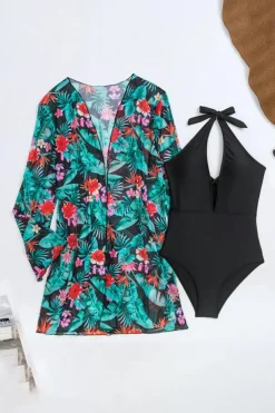 New Dear-Lover Halter Neck Monokini with Floral Beach Cover Up Black