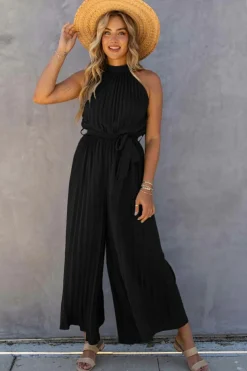 New Dear-Lover Halter Neck Pleated Wide Leg Jumpsuit with Belt Black