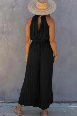 New Dear-Lover Halter Neck Pleated Wide Leg Jumpsuit with Belt Black